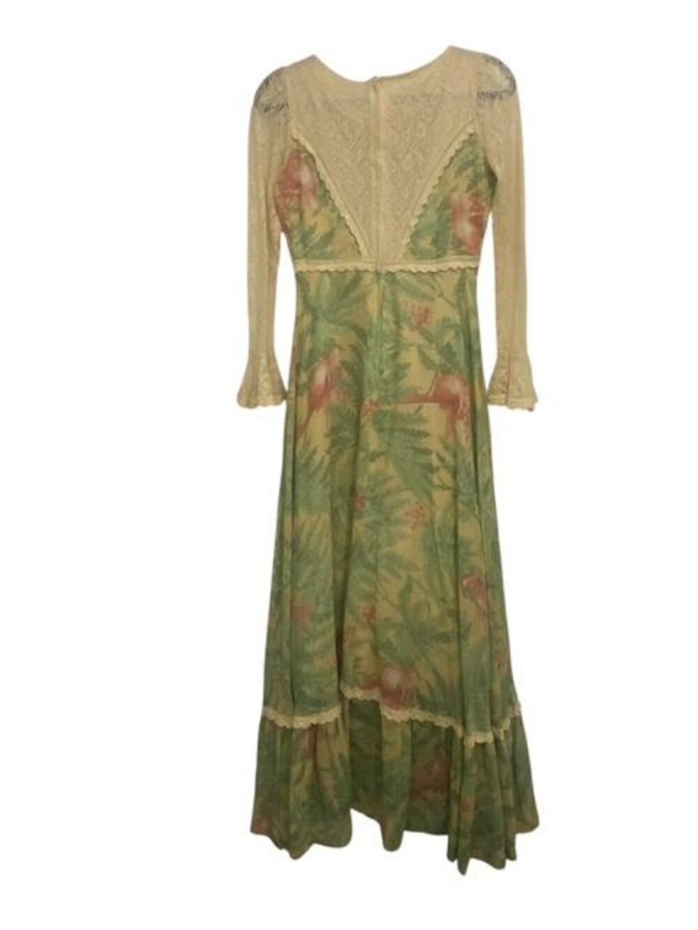 Vtg. Gunne Sax By Jessica Black Label Sage Tropical Bird Lace Bell Sleeves Maxi - Picture 3 of 9